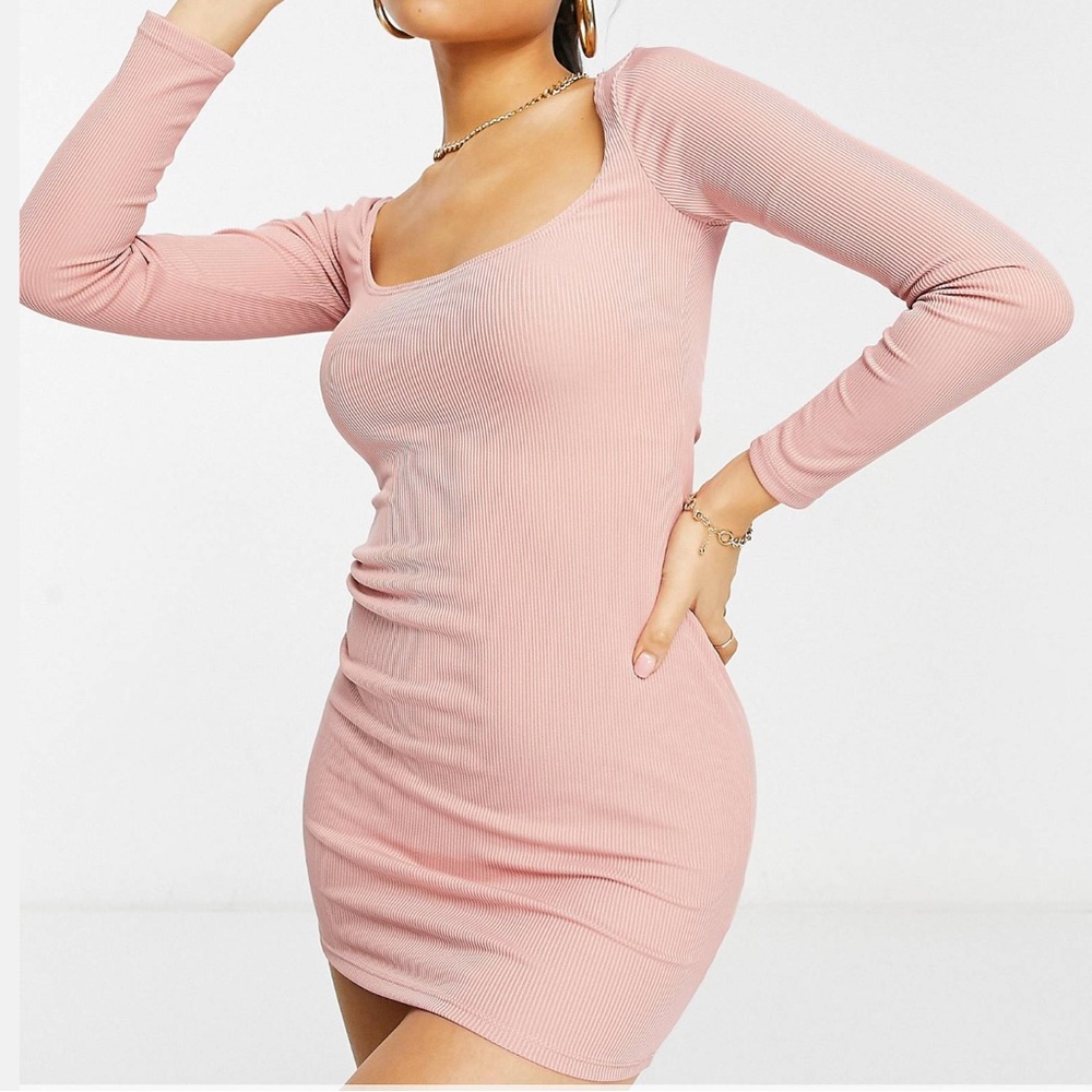 Flounce Petite scoop neck ribbed mini dress in blush